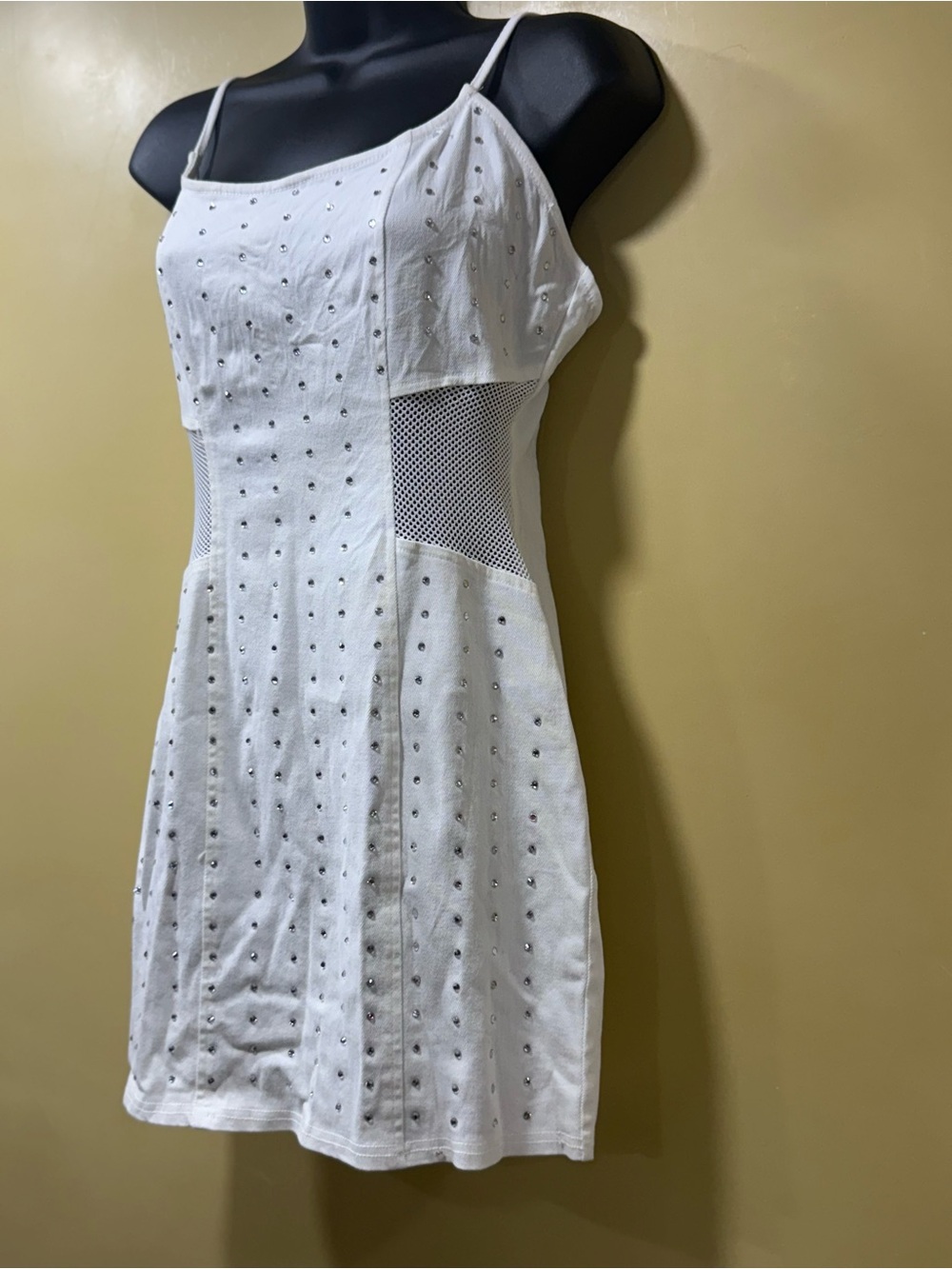 White Spaghetti-Strap Mini Dress with Rhinestone Detail